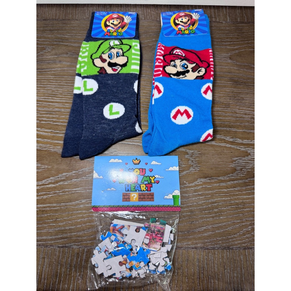Nintendo Super Mario Luigi Crew Socks 2 Pair Bundle with Mini Puzzle New